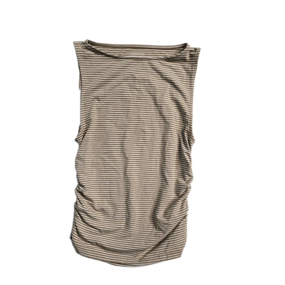 American  Eagle Women's Ruched  Boat Neck Tnak Top Beige Striped  M